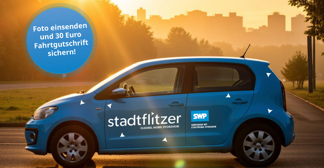 blauer stadtflitzer Pforzheim blauer Button mit Hinweis zur Aktion.