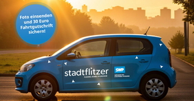 blauer stadtflitzer Pforzheim blauer Button mit Hinweis zur Aktion.