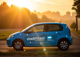 blauer VW E-Up von der Seite mit Beschriftung "stadtflitzer" und dem Stadtwerke Pforzheim-Logo steht auf einer Straße, dahinter eine Stadt und der Sonnenuntergang