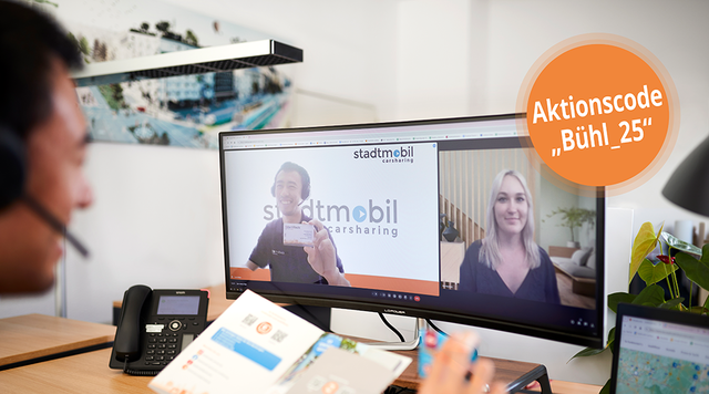 Anmeldesituation vor dem PC, rechts oben Hinweis auf Aktionscode "Bühl_25"